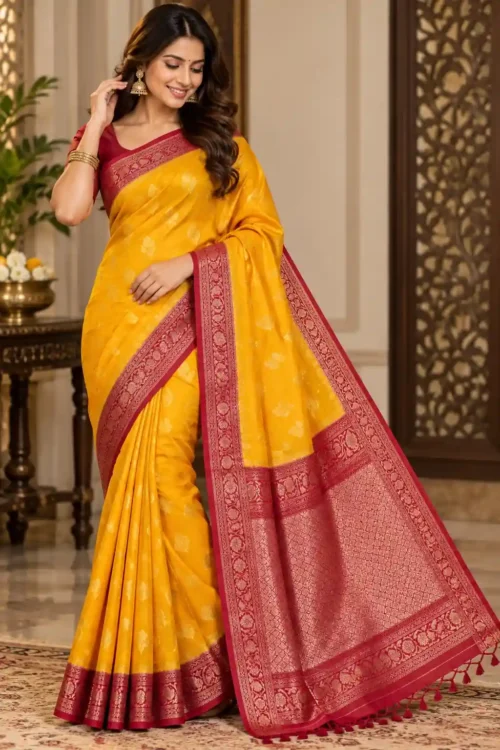 Soft quality Panni Silk Saree in Contrast border (Yellow & Red) With Blouse Piece.