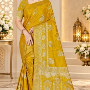 Premium quality Mashru Silk Saree With Jarkhan Stone Works & Blouse Piece.