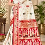 Soft quality Satin Mashru Silk ( White & Red )  Saree with Blouse Piece