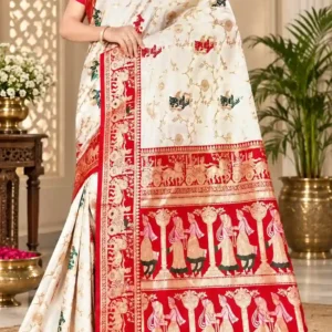 Soft quality Satin Mashru Silk ( White & Red ) Saree with Blouse Piece