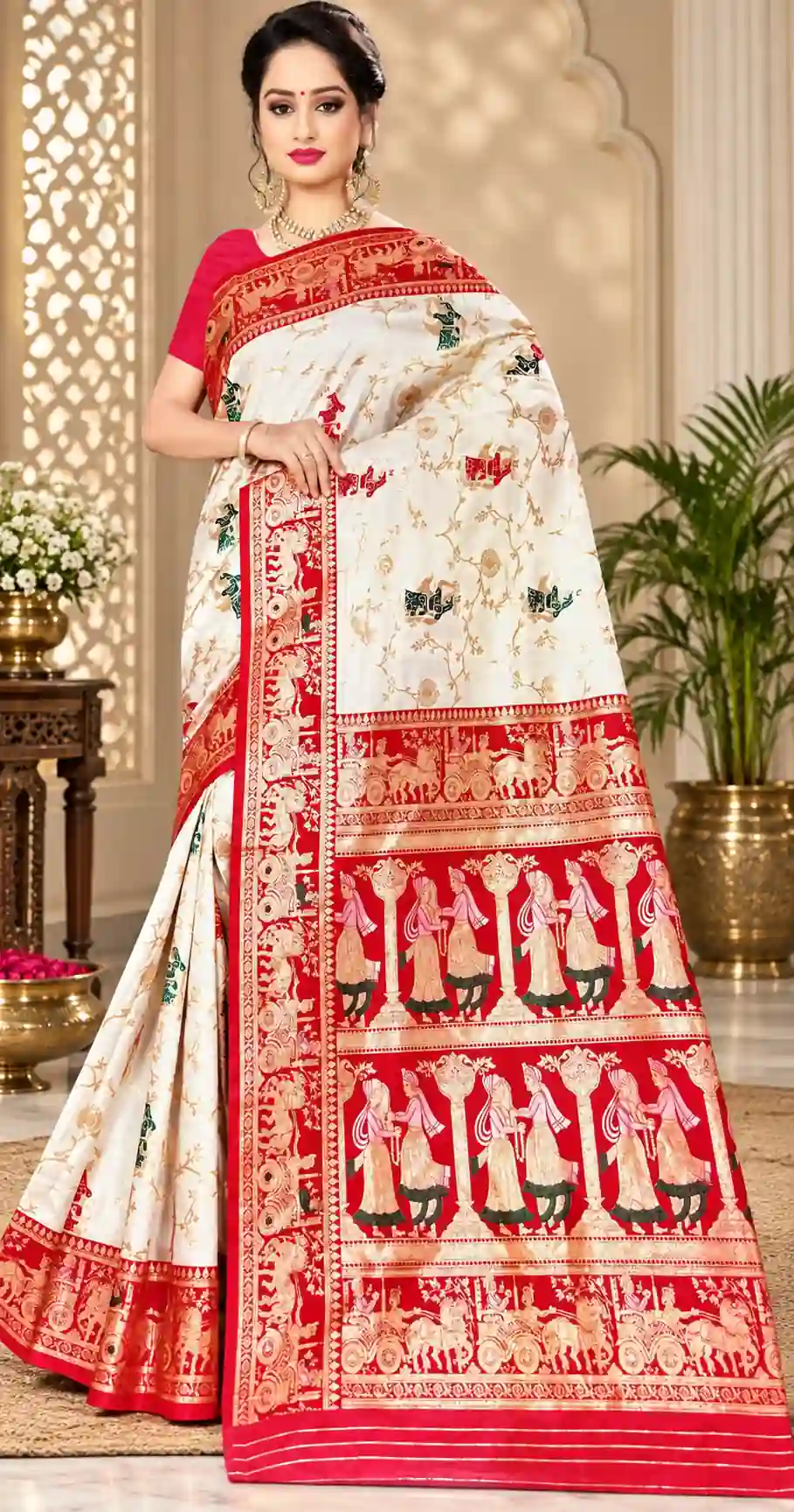 Soft quality Satin Mashru Silk ( White & Red ) Saree with Blouse Piece
