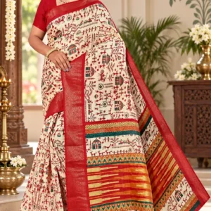 Soft quality Linen Baafta Silk Saree with Prints Work & Blouse Piece
