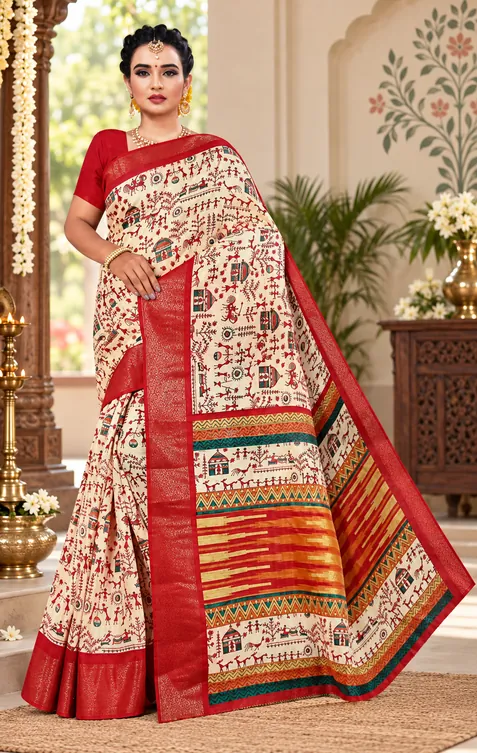 Soft quality Linen Baafta Silk Saree with Prints Work & Blouse Piece