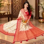 Soft quality Satin Mashru Silk ( White & Red )  Saree with Blouse Piece