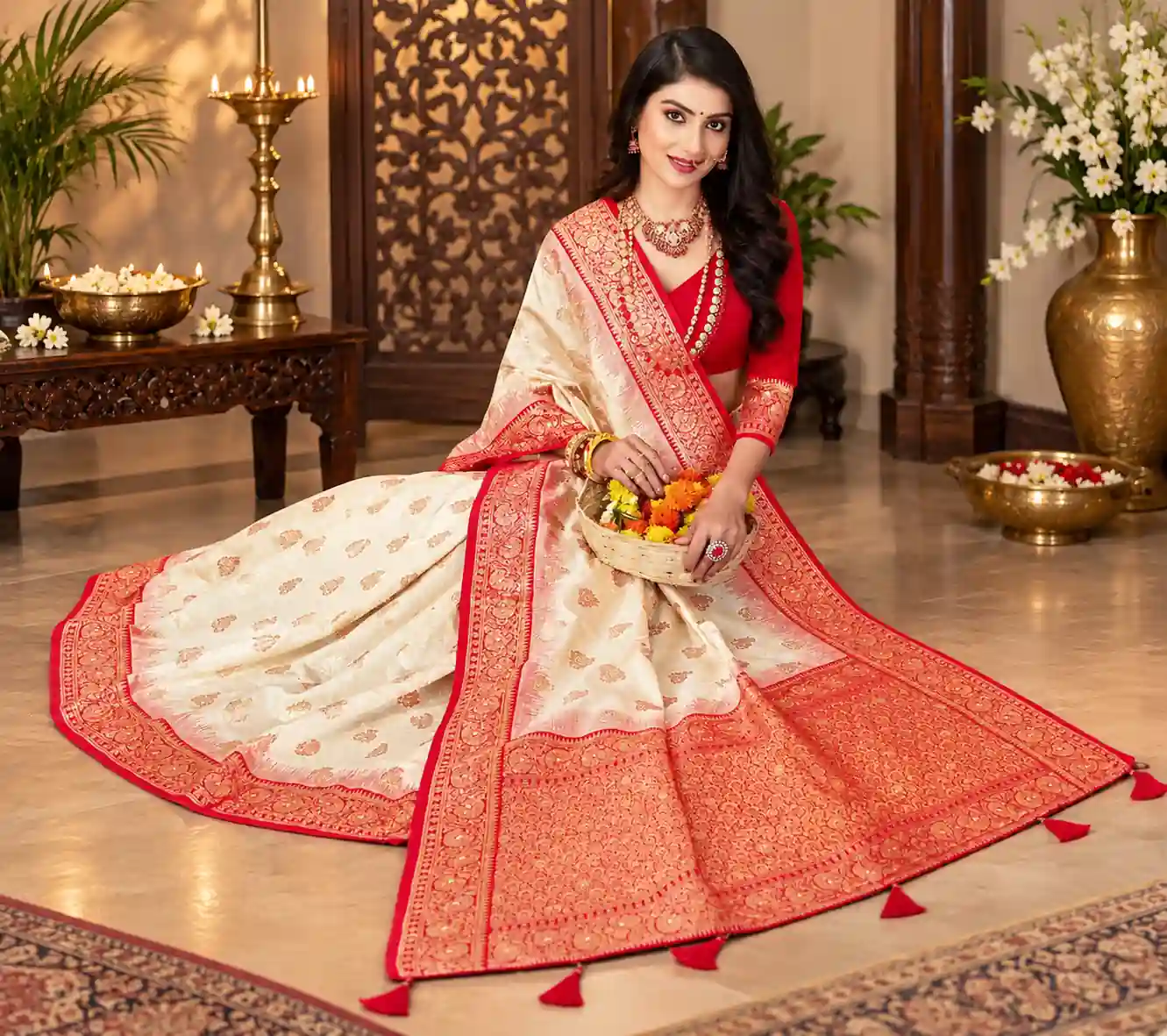 Soft quality Satin Mashru Silk ( White & Red ) Saree with Blouse Piece
