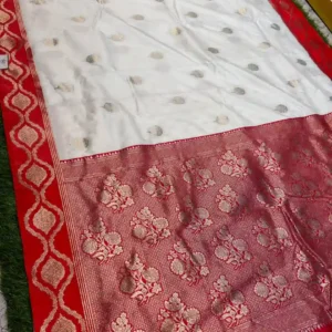 Premium quality Mashru Satin Silk Saree (White & Red) with Blouse Piece.